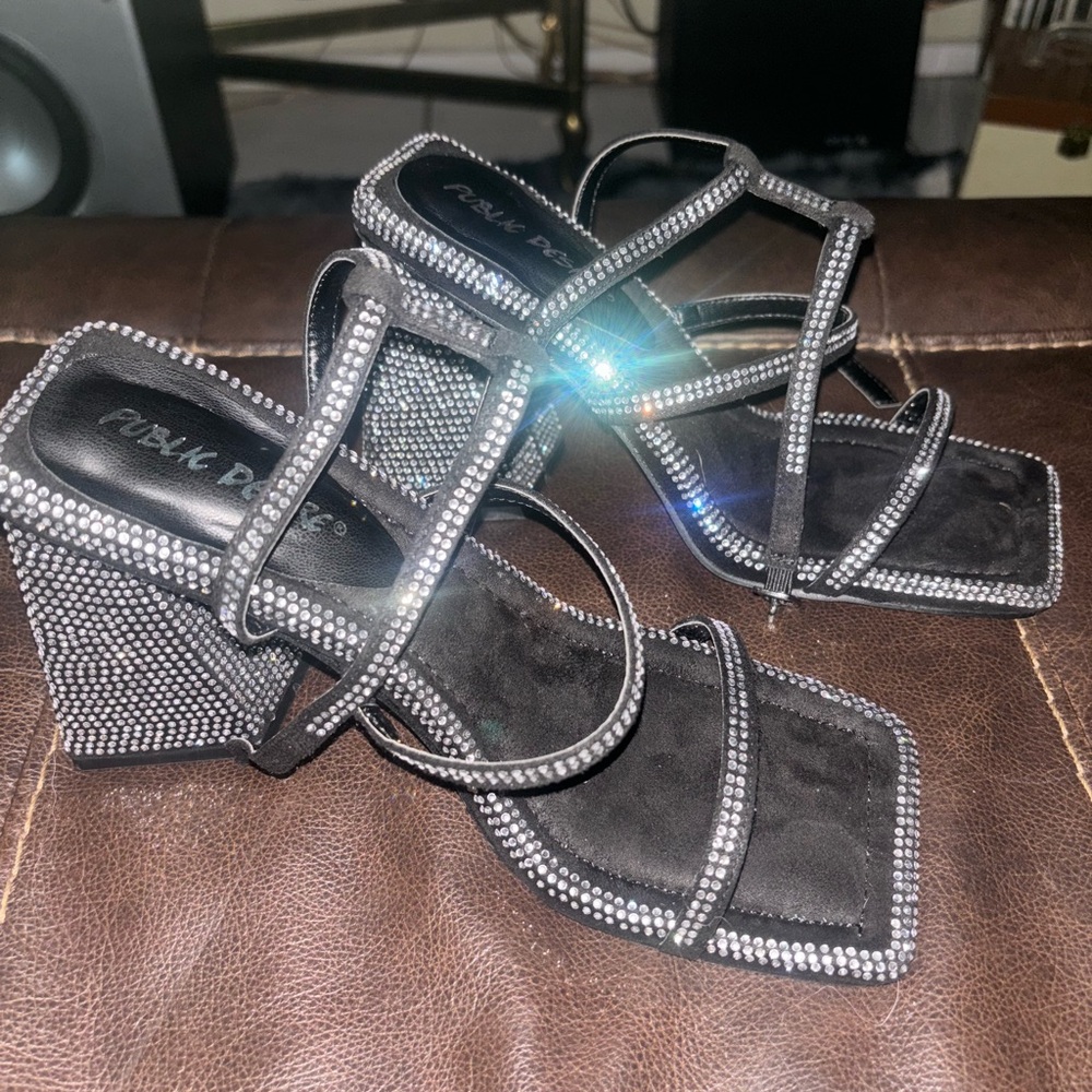 Public desire / dollskill black rhinestone heels with straps
